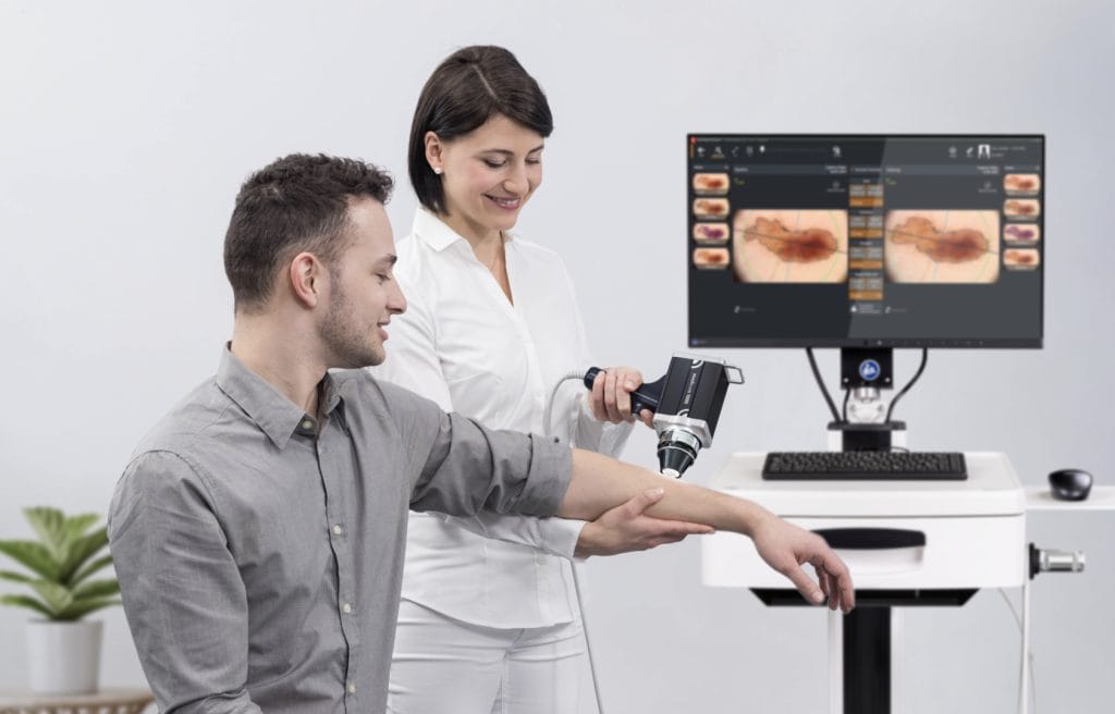 Patient receiving a detailed skin check at Dermascan using advanced Al-powered FotoFinder technology for accurate melanoma and skin cancer detection.